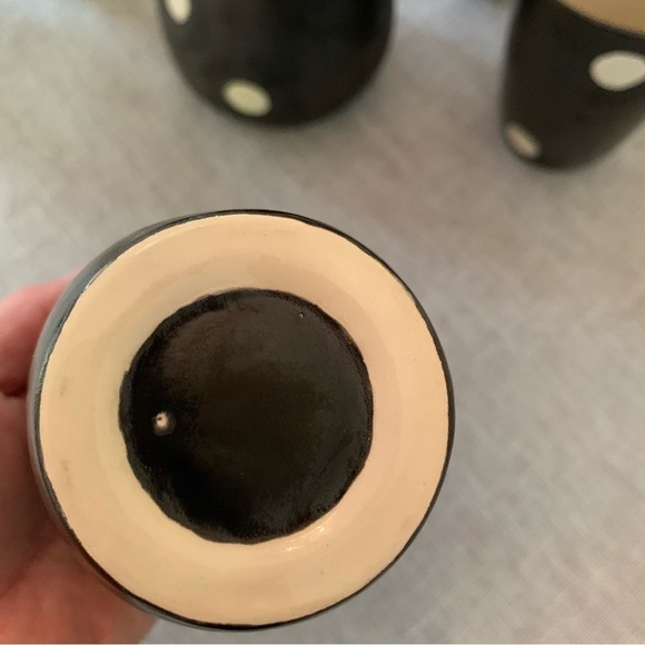 Vintage 1950’s MCM Atomic Matte Black Polka Dot Pitcher & 6 Glasses Signed - Picture 6 of 11